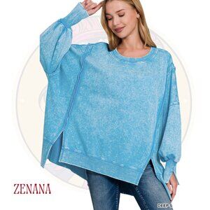 6C ZENANA Soft Oversized French Terry Sweatshirt Deep Sky Blue